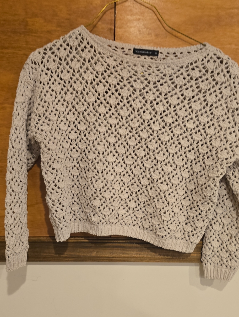 Madison Open-Knit Crewneck Sweater in Light Cream